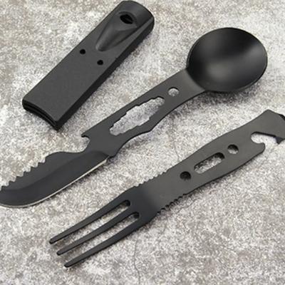 Multifunctional Camping Knife Outdoor Set Stainless Steel Utensils with Whistle Spoon Fork Windproof Combination Gear