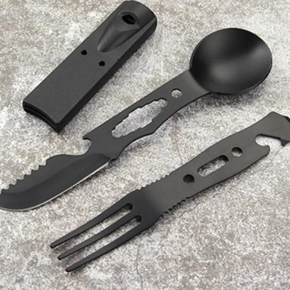 Multifunktionelles Campingmesser Outdoor-Set Edelstahlbesteck mit Pfeife Löffel Gabel Winddichte Kombinationsausrüstung