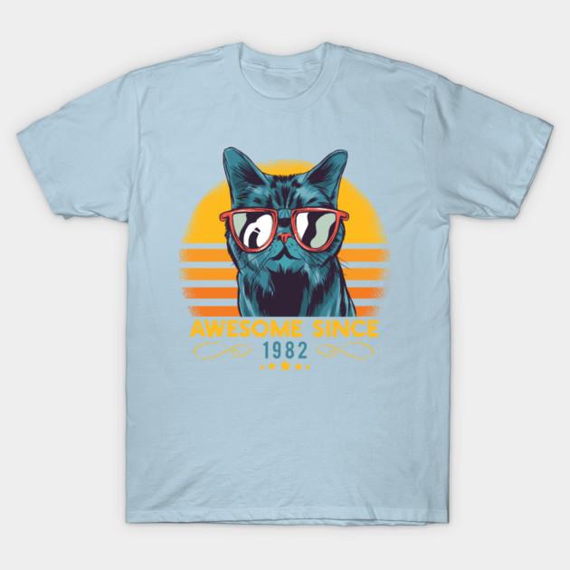 Women's Fashion Round Neck Short-sleeved Cat Awesome Since 1982 Funny Cat Lover Gift Idea F Print T-shirt Summer Casual Slim T-shirt
