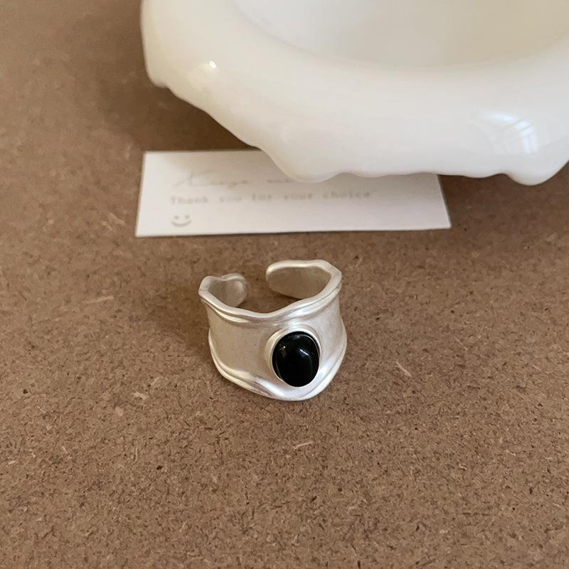 Hong Kong Style Retro Natural Stone Matte Metal Opening Ring Female Niche Personality Simple Temperament Versatile Ring Ring