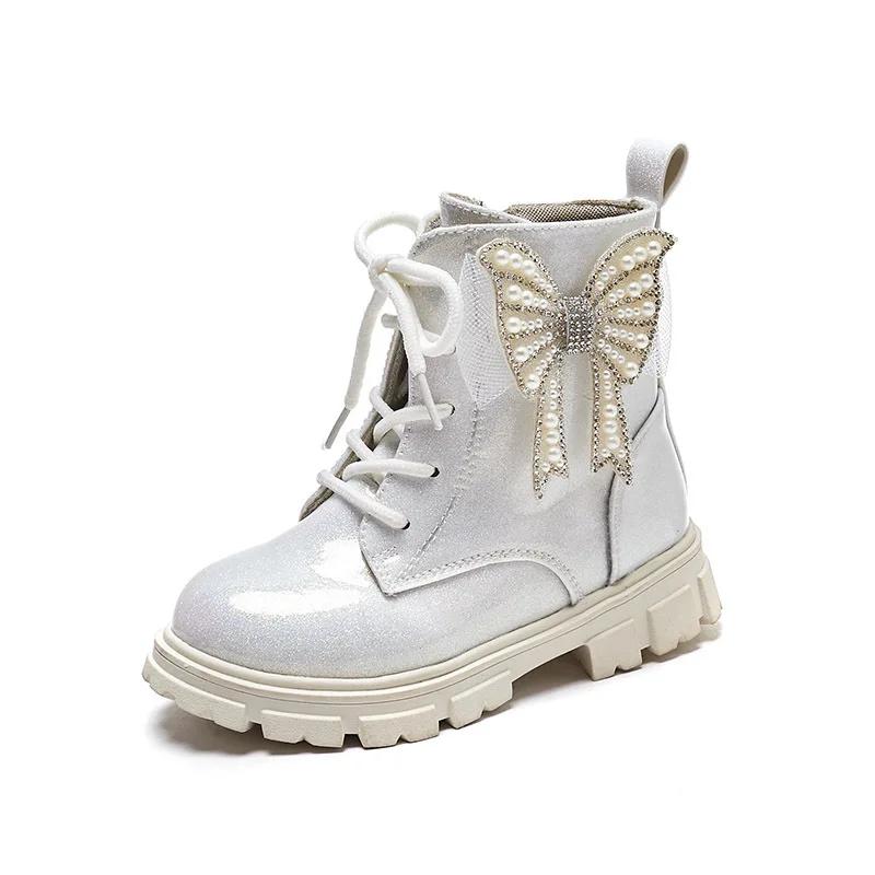 Botines Girl Boot Autumn Winter Bow Princess Shoe Glitter Shiny Ankle Boot Soft Sole Non-Slip Kid Shoe Botas Mujer