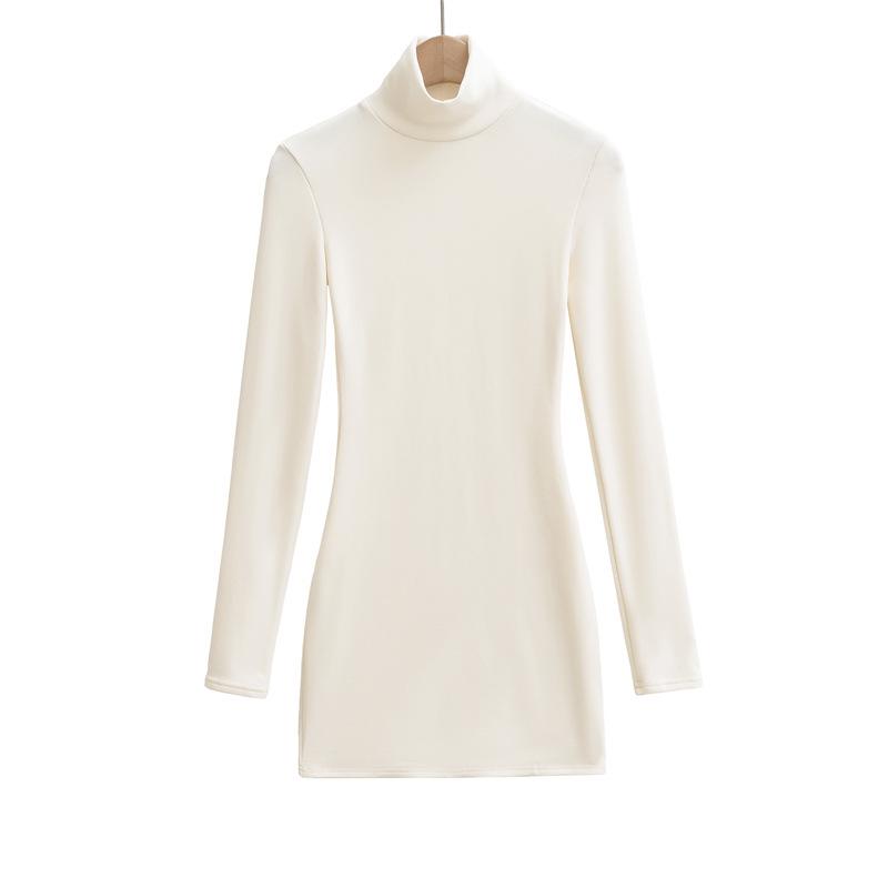 Elegant High-Neck Faux Cashmere Long-Sleeve Dress for Women, Autumn/Winter, Slimming Stretchy Fit, Short Plush Skirt