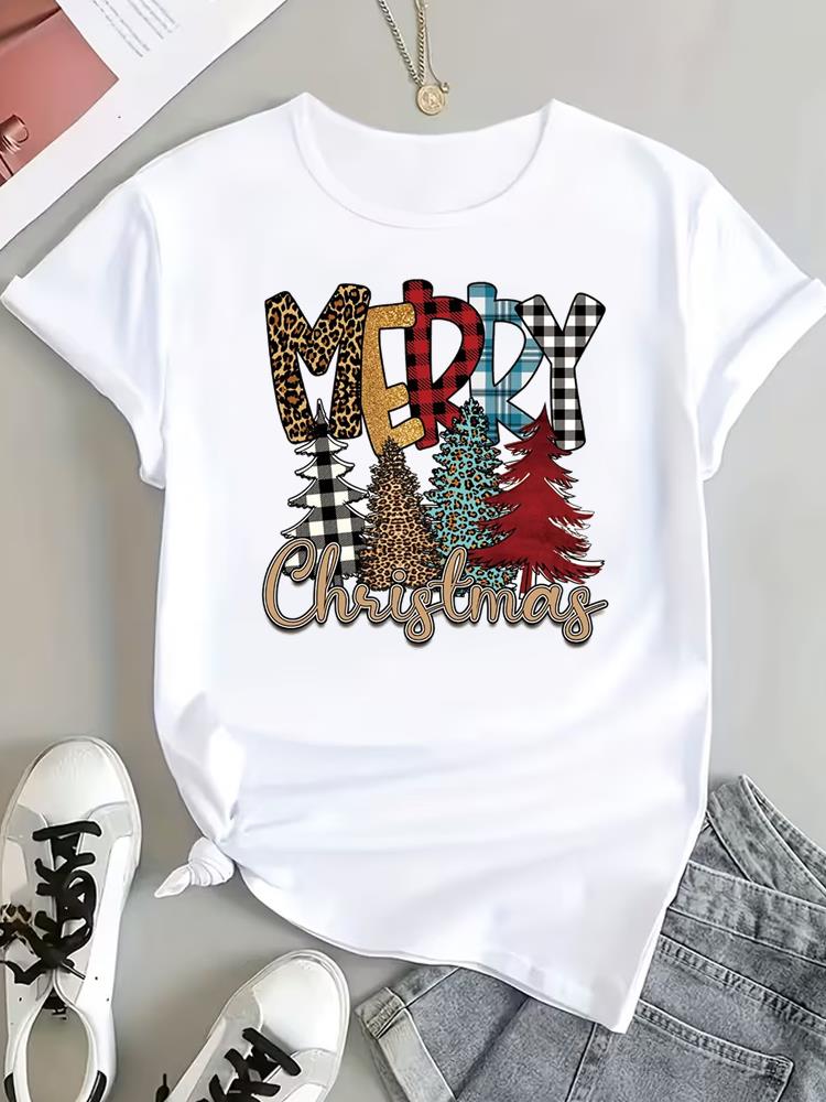 (Asian Size) Trend Letter Cute Tee Top Print New Year Clothing T Shirt Women Fashion Christmas Festival Woman Short Sleeve Graphic T-shirts