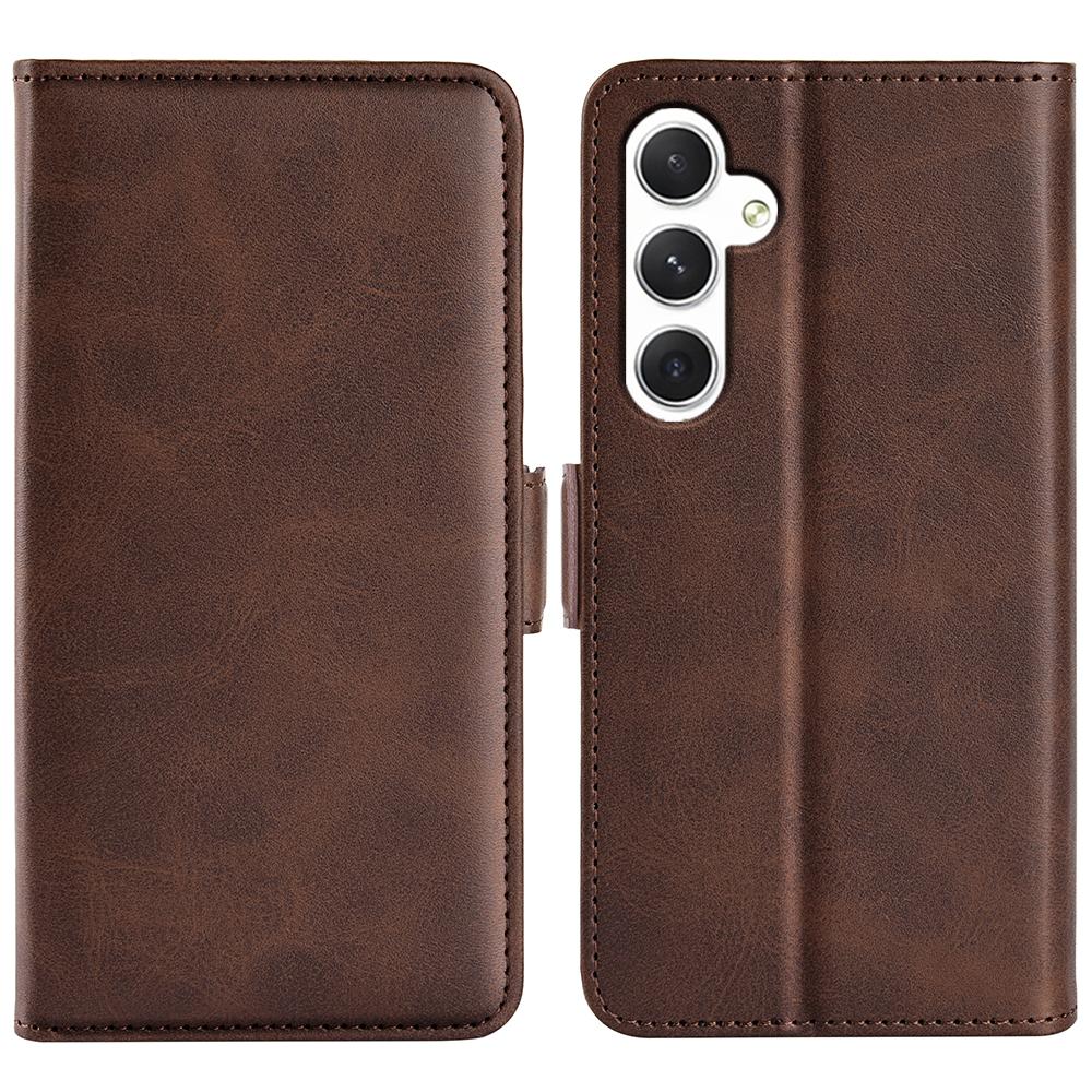 

For Samsung Galaxy S24 Case PU Leather Dual Magnetic Clasp Protective Cover Brown