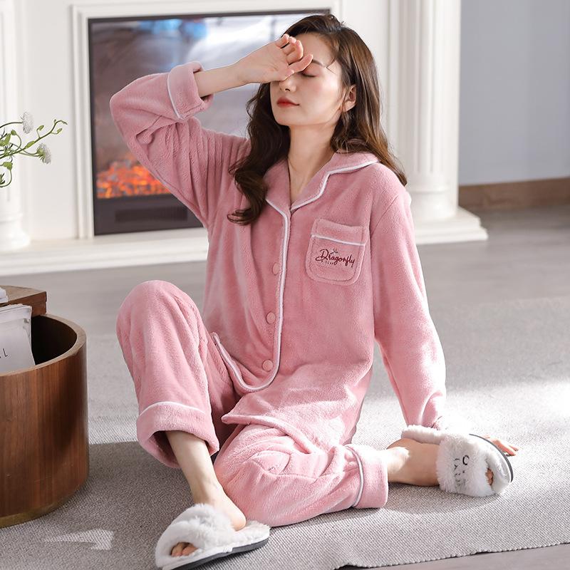 Pajamas Women'S Autumn And Winter Coral Fleece Thickened And Fleece Can Be Worn Outside Loungewear Flannel Warm Suit