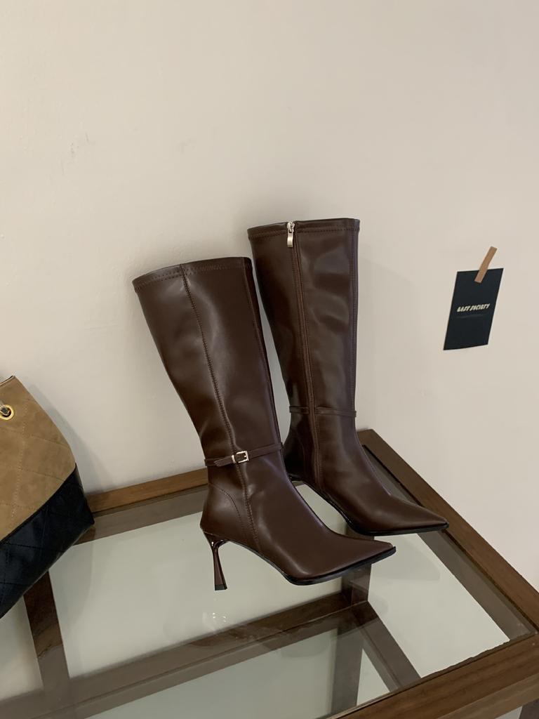 2025 autumn new retro small pointed strap Korean version thin thin high heel high boots women