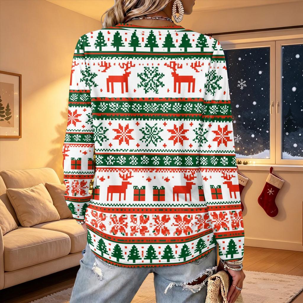 Women's V-Neck Long Sleeve Christmas Printed Lightweight Top for Spring and Summer
