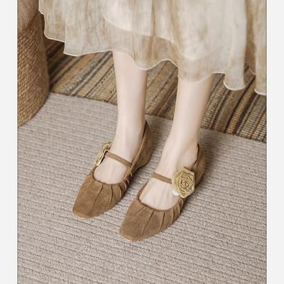 Schuhe im Maillard-Stil Herbst neue Blume Retro Mary Jane Damenschuhe vielseitige braune Schuhe mit dickem Absatz