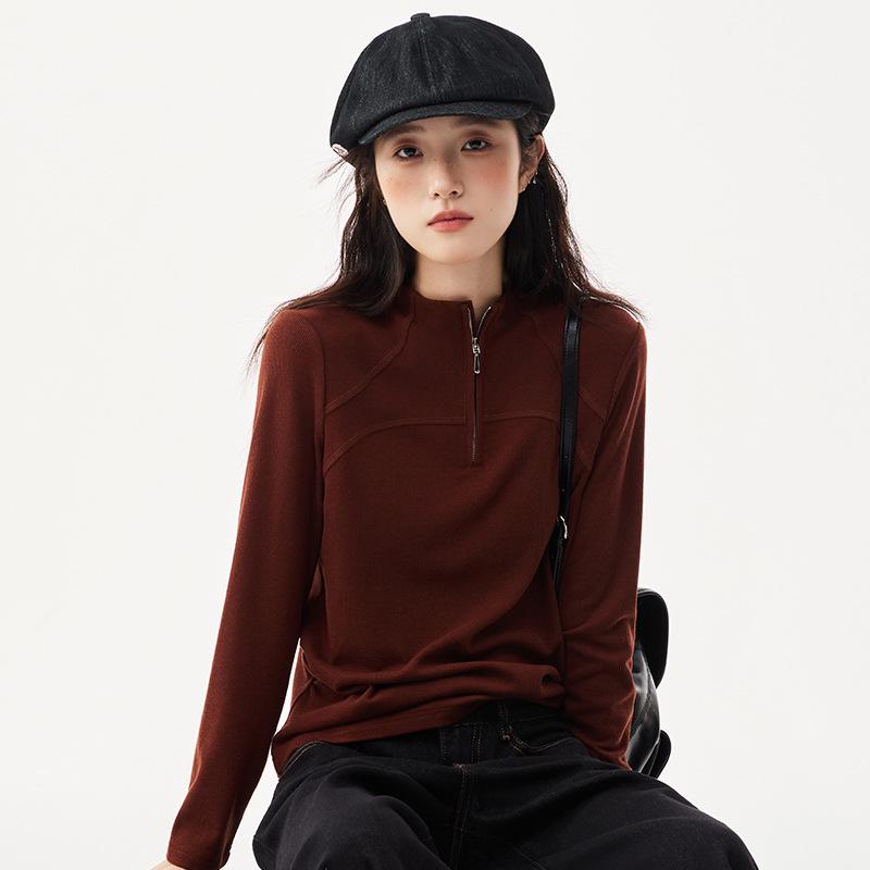 Women's Waist-Cinched Half-Zip Fleece Sweatshirt - Slimming Stand Collar Outerwear for Autumn/Winter