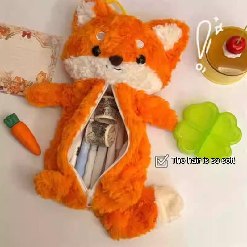 Cute Plush Pen Bag Cartoon Fox Doll Pencil Case Large Capacity Stationery Organizer Students