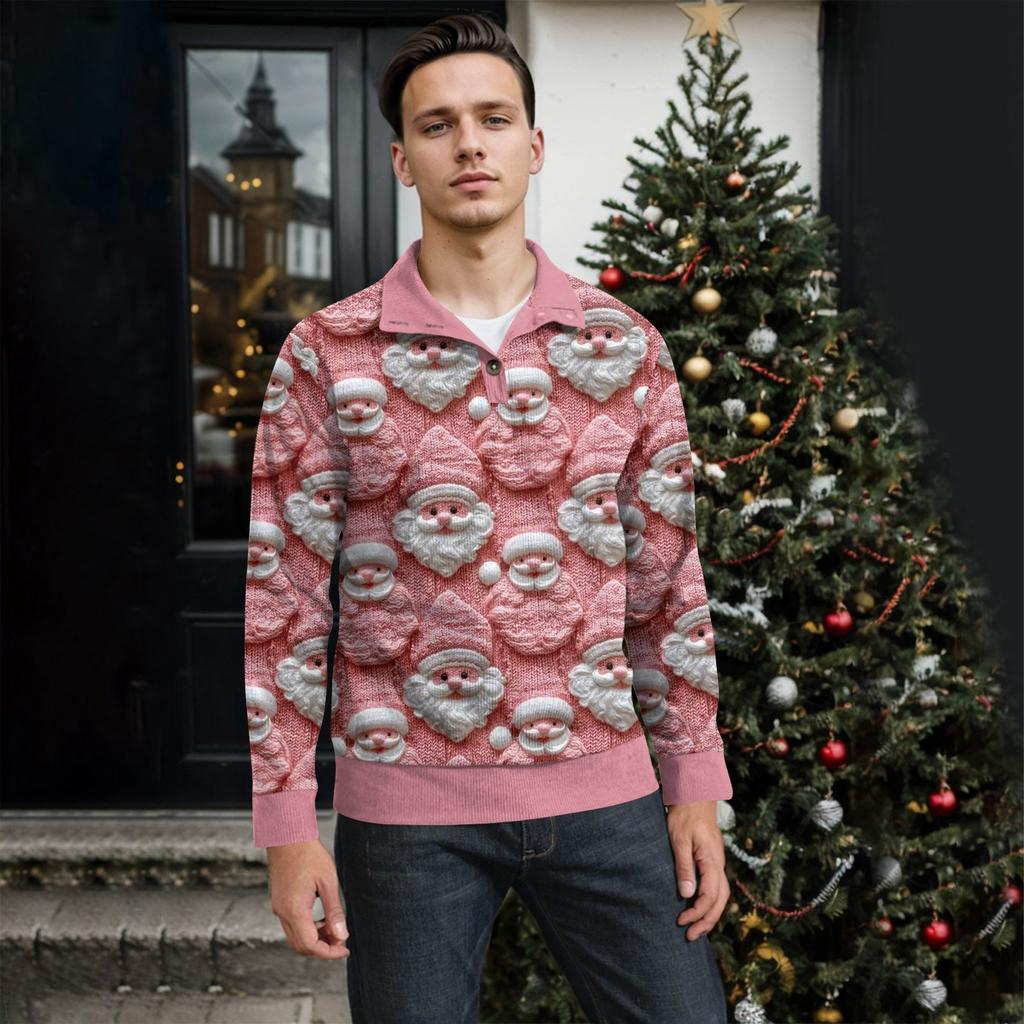 Men's Christmas Cotton Pullover Long Sleeve Outdoor Shirt Vintage Corduroy Button Stand Collar Shirt Casual Sweatshirt Christmas Print Top