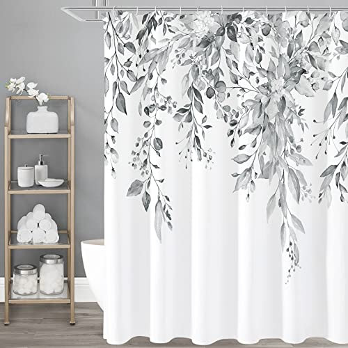 

VIKAMA Grey Floral Bath Curtain Is Suitable For The Bathroom, Watercolor Plant Eucalyptus Leaf Bath Curtain, Bathroom Decoration 90X180C(3X5.9FT)