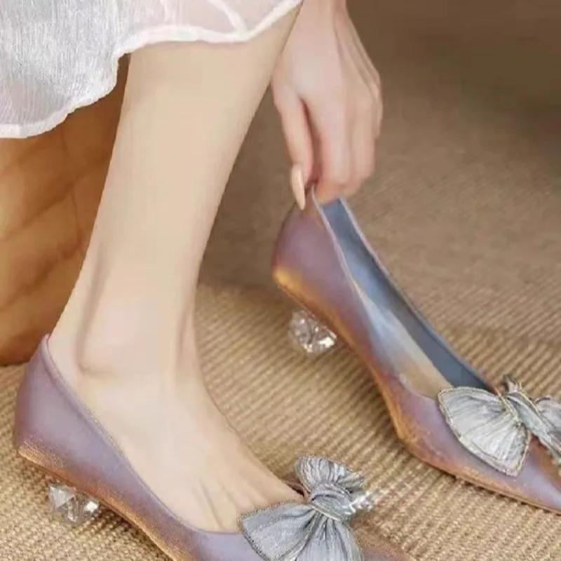 French dress with a small design temperament socialite high heels pointed head thick bow soft soled single shoes