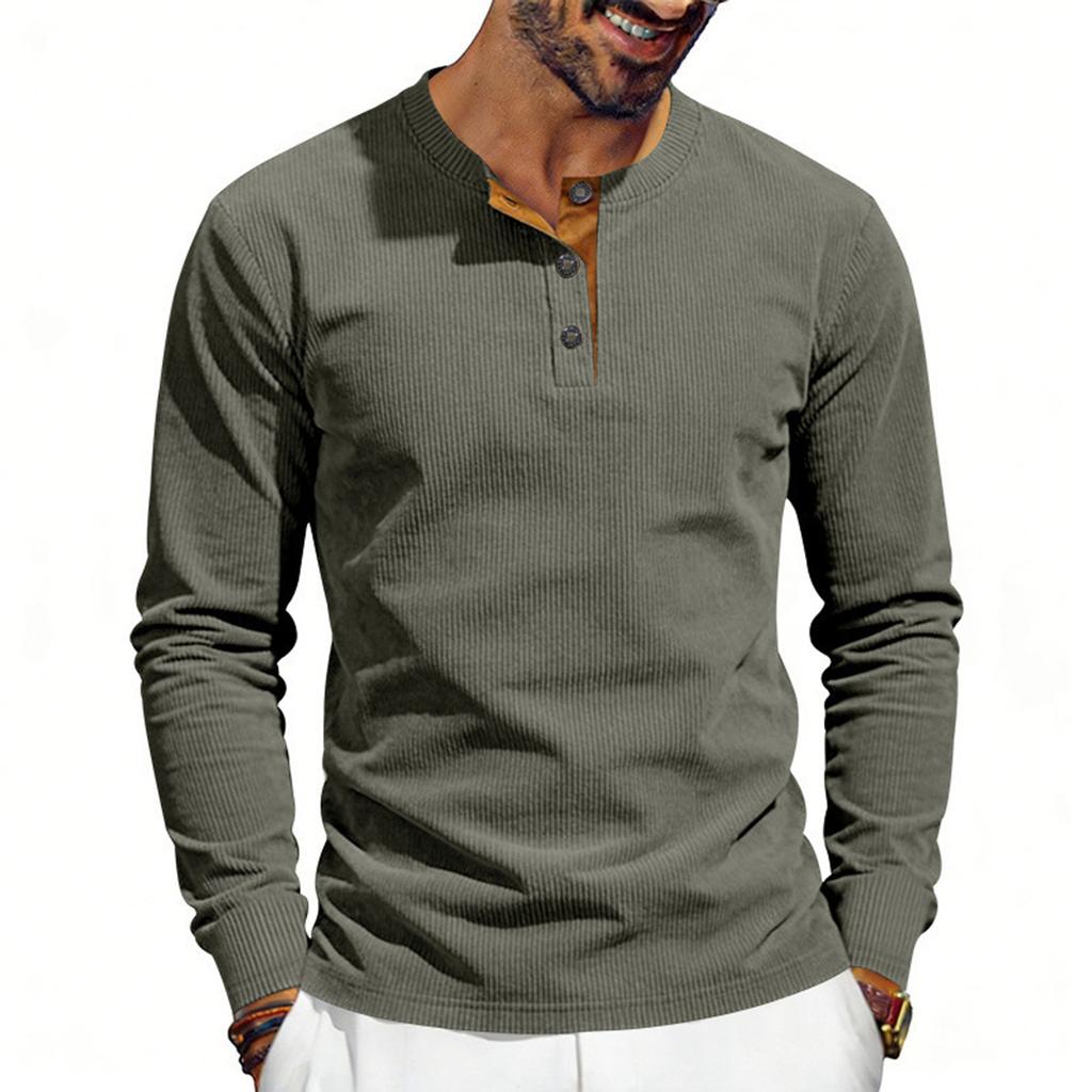 Men's Round Neck Single-Breasted Long-Sleeve Loose Casual Top