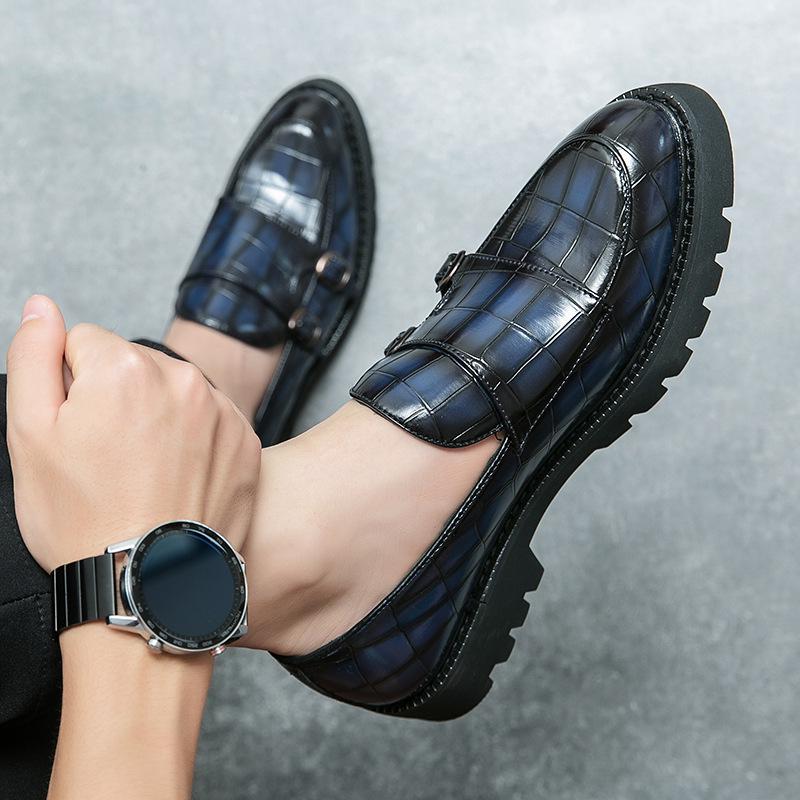 Men's 2023 Patent Leather Double Buckle Loafers with Thick Heel and Sole
