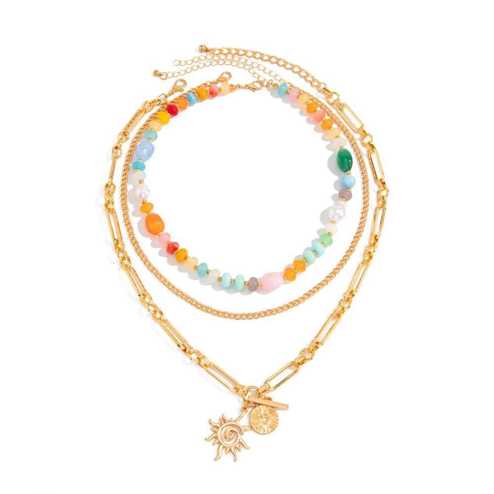 Vintage Gold Color Sun Flower Pendant Necklace Women Geometric Imitation Pearl Resin Glass Beaded Choker Jewelry