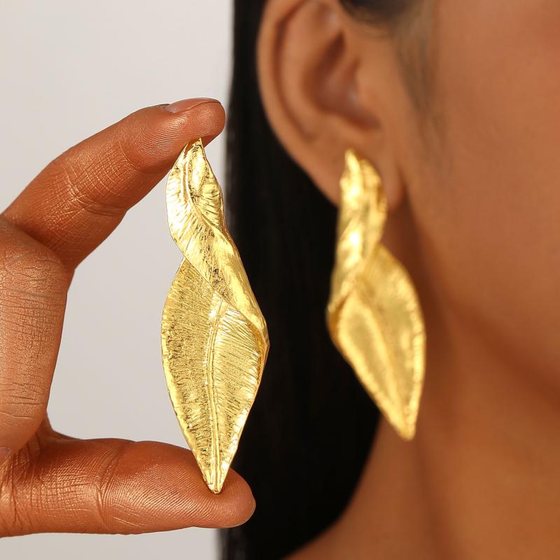 

Trendy Metal Exaggerated Leaf Shaped Earrings Ring Punk Vintage For Women Gift Irregular Jewelry Accessories