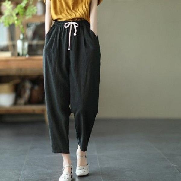 Cotton and Linen Pants, Women's Elastic Waisted Loose Casual Pants, Summer Retro Slimming, Lace Up Carrot Harem Pants