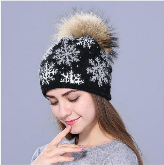 Women's Wool & Rabbit Hair Blend Snowflake Pullover Hat with 15CM Genuine Raccoon Fur Pom Pom