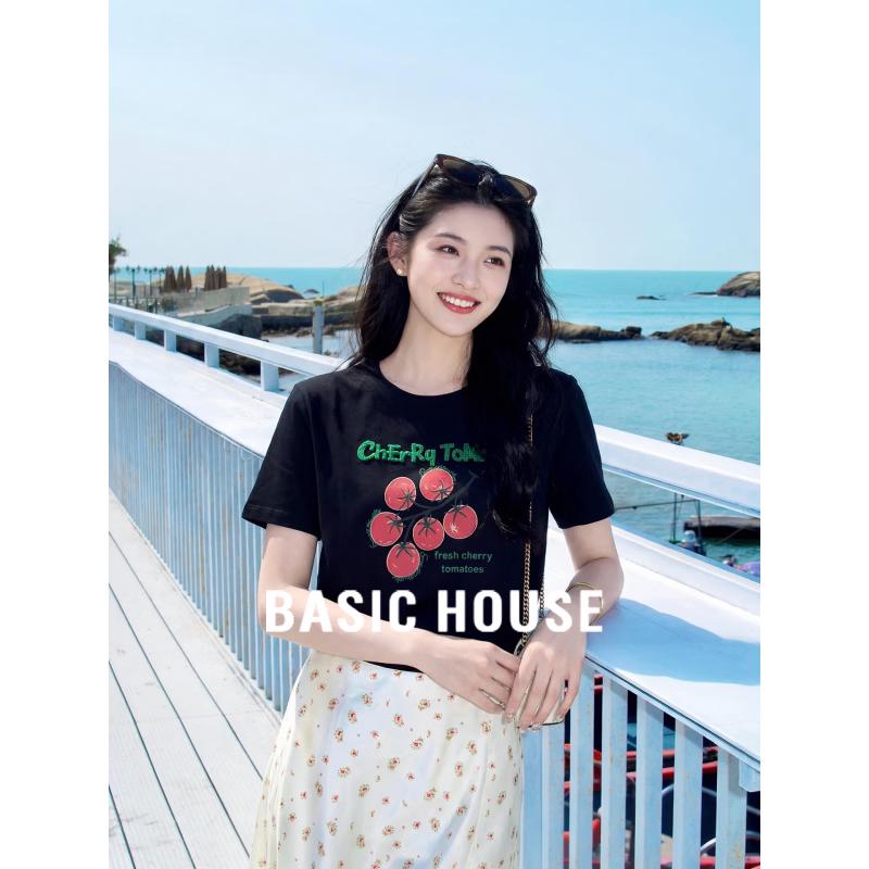 Basic House Women s Cotton Printed Short Sleeve T-Shirt One Size