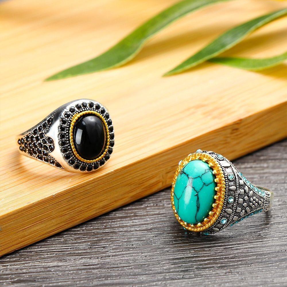 Anel Turco de Sinete Retrô Feito à Mão Vintage Masculino Metal Antigo Turquesa Zircônia Anéis Homens Festa de Casamento Punk Joias de Motoqueiro