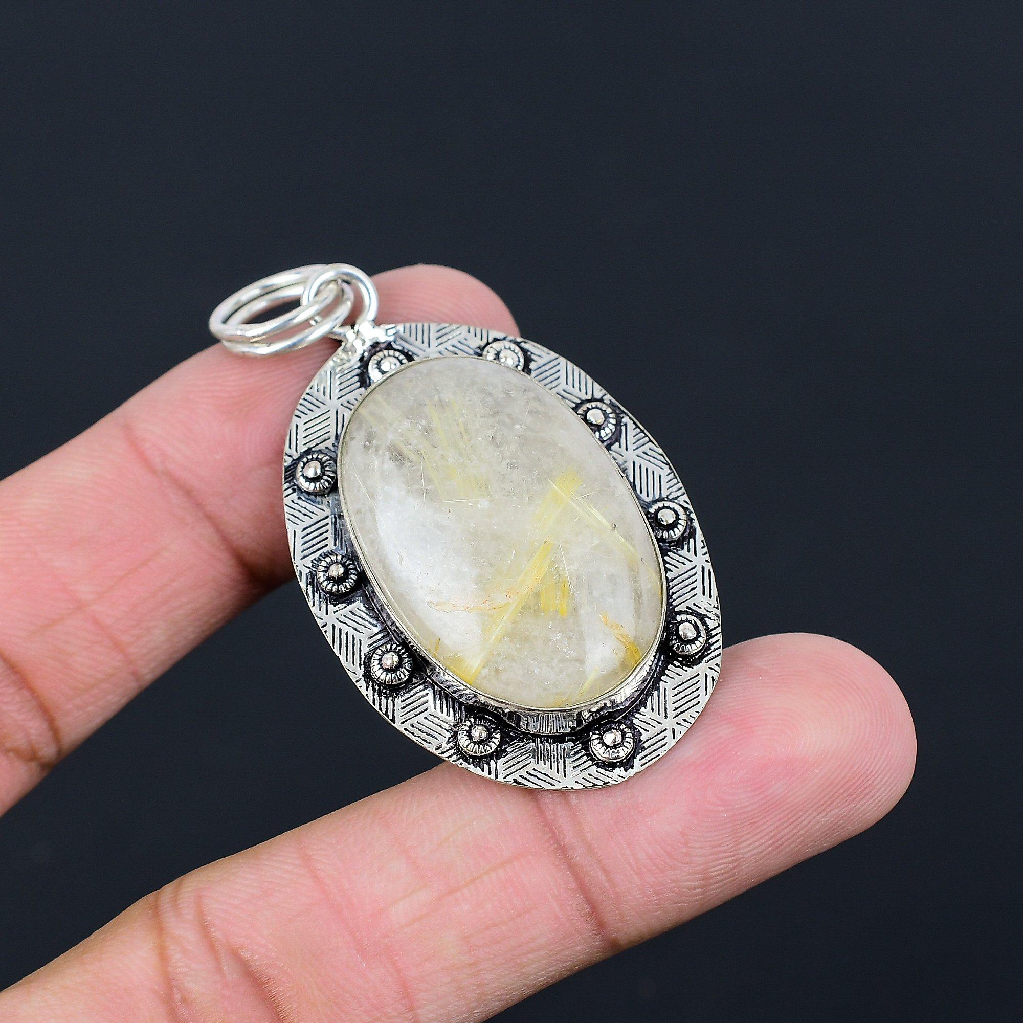 Womens day Sale Golden Rutile Gemstone Sterling Silver Mother New Bezel Pendant