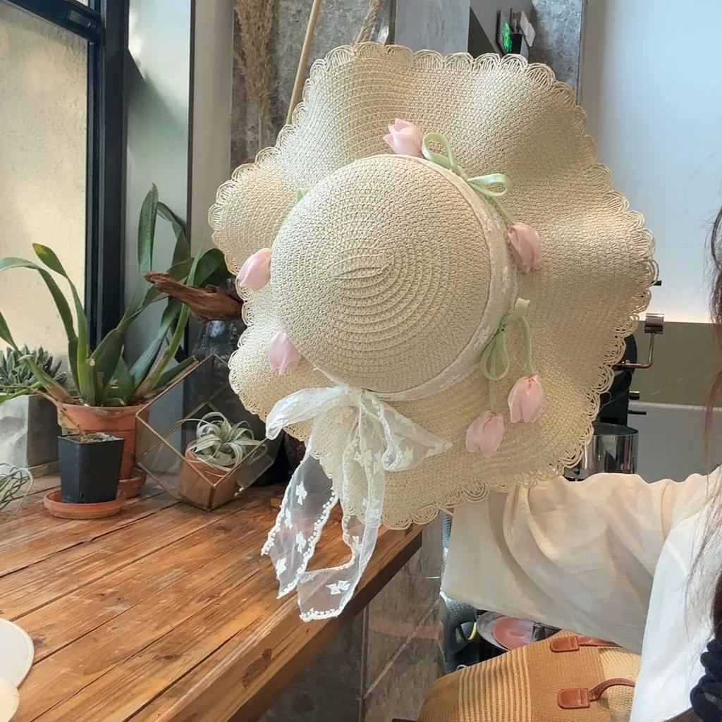 Summer Flowers Straw Hat Lace Straw Hat UV Sun Protection Beach Beach Photography Girl Big Hat Brim