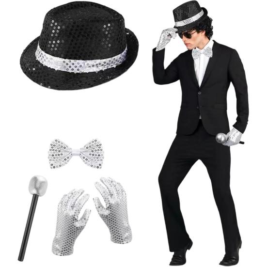 Sada kostýmu popové rockové hvězdy pro dospělé, Černý klobouk s flitry, Brýle, Rukavice, Mikrofon, Kostýmové doplňky pro hraní rolí na Cosplay party, Halloween