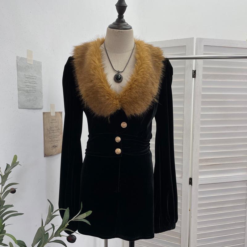 

American Spicy Girl V-neck Fur Coat & Hip-Hugging Skirt Set One Size чёрный
