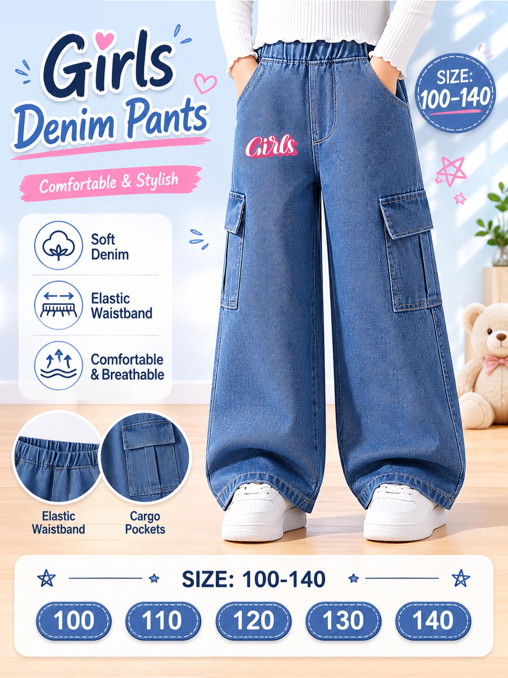 Trendy Girls Cargo Wide Leg Denim Pants, Print Elastic Waist Kids Casual Jeans 100cm синий