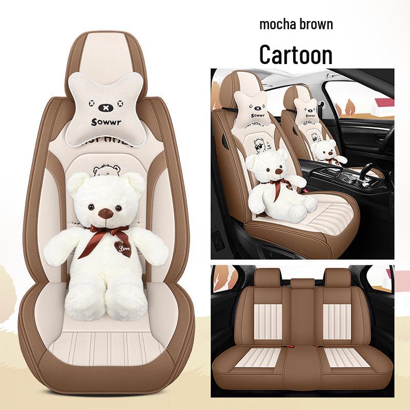 All-Season Linen Car Seat Cover - Breathable, Full Coverage with Cute Cartoon Design for Autumn/Winter