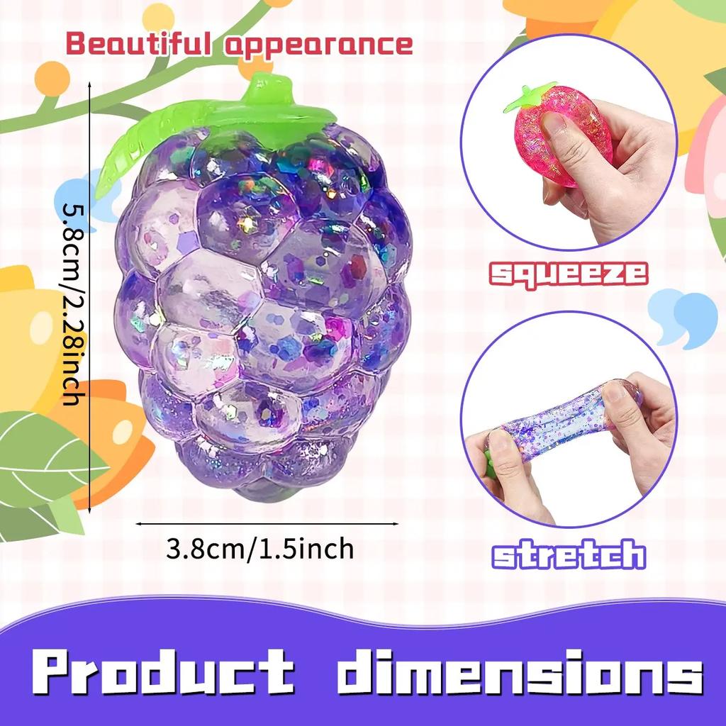 3Pcs Glittery Fruit Shaped Stress Relief Ball Set, Sensory Squeeze Toys, Random Style & Color