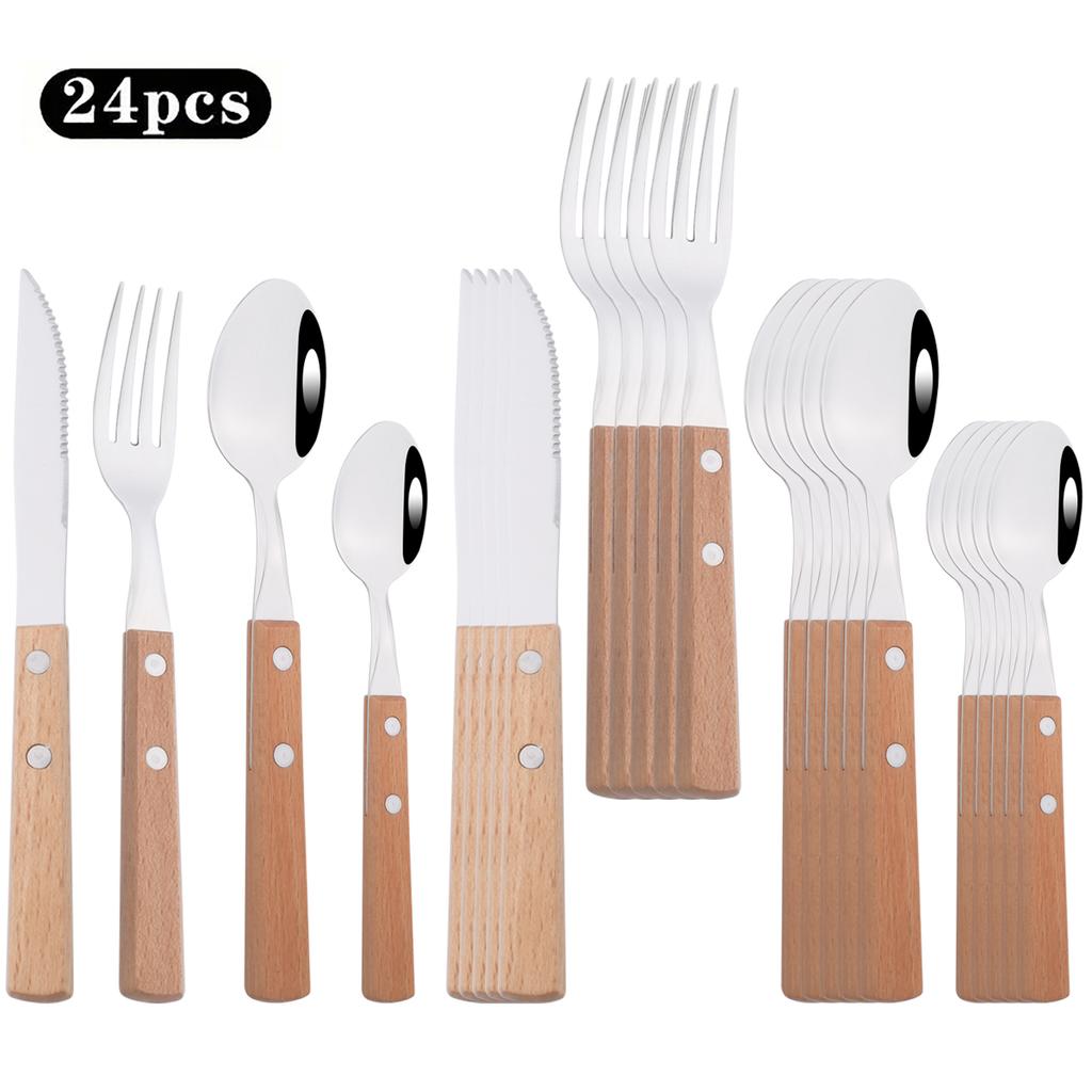 24pcs Red Wooden Handle Stainless Steel Dinnerware Set Steak Knife Fork Coffee Spoon Tableware Christmas Party Kitchen Flatware