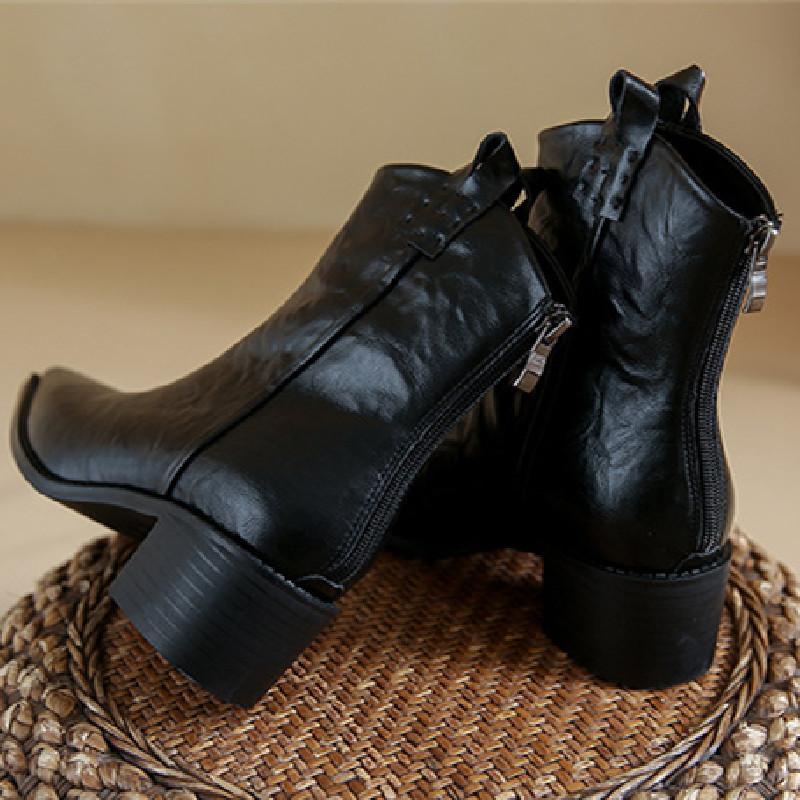 Fashion Retro Pointed Toe Zipper Ankle Boots Women Fashion Western Style V-Notch Designer Boots High Quality Soft Leather Casual Boots