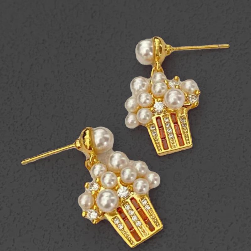 Cercei cu pandantiv popcorn cu picătură de perlă cu design de nișă – Argint 925 de înaltă calitate cu perle incrustate