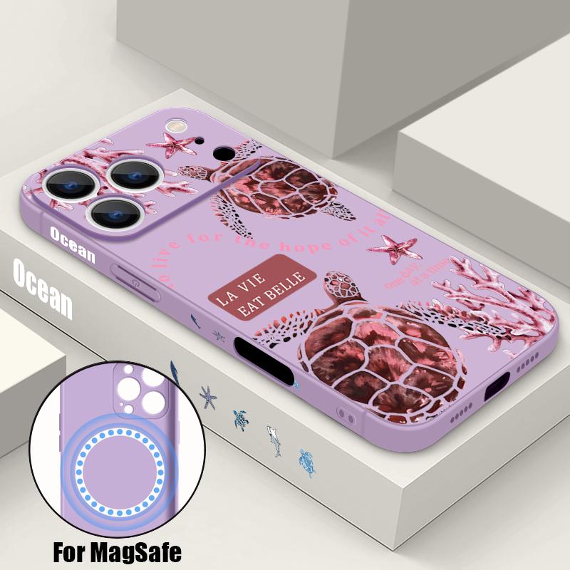 Magnetic For Magsafe Case For iPhone 17 Pro Max Lettering Turtle Print Soft Silicone Phone Back Cover For iPhone 16 15 14 13 Pro Max 16e 17e