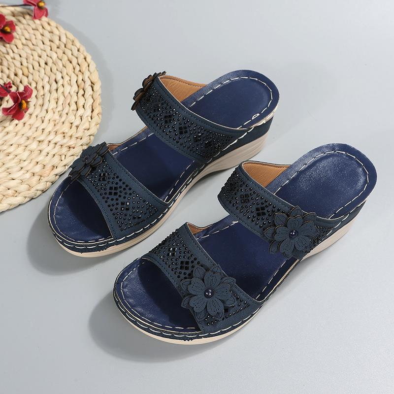 Large size summer new retro casual flower high heel one-character women's wedge heel slippers
