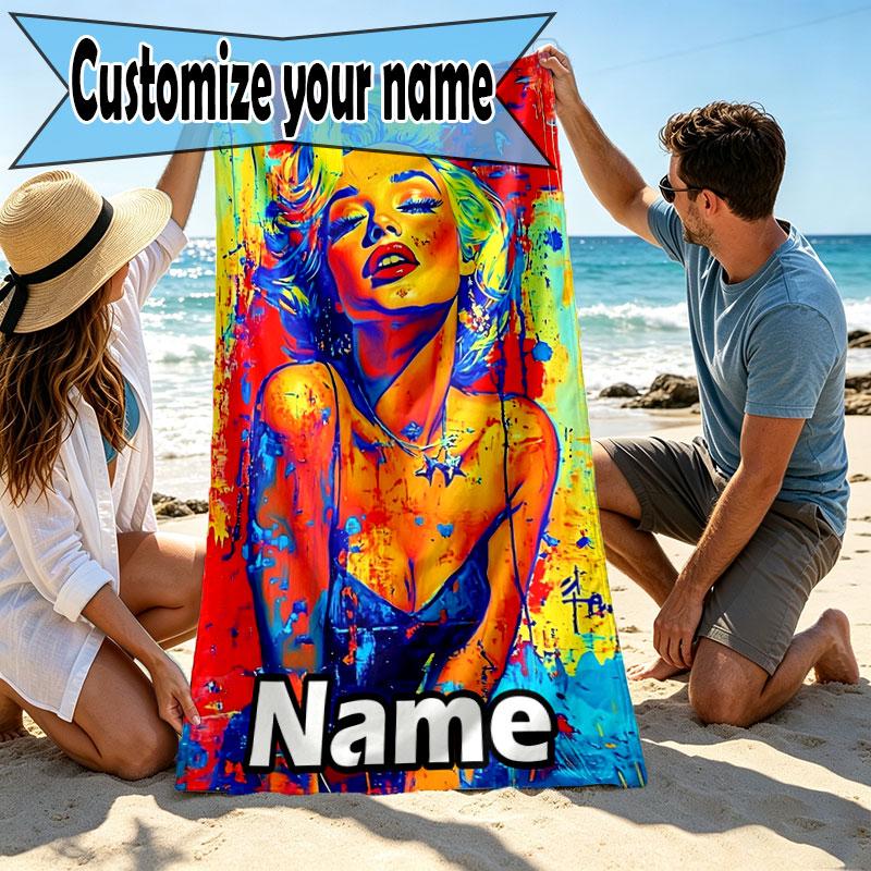 Custom Name Personalized Marilyn Monroe Print Beach Towel, for Trip Camping Beach Party Home Decor, Birthday Gift for Family & Friends