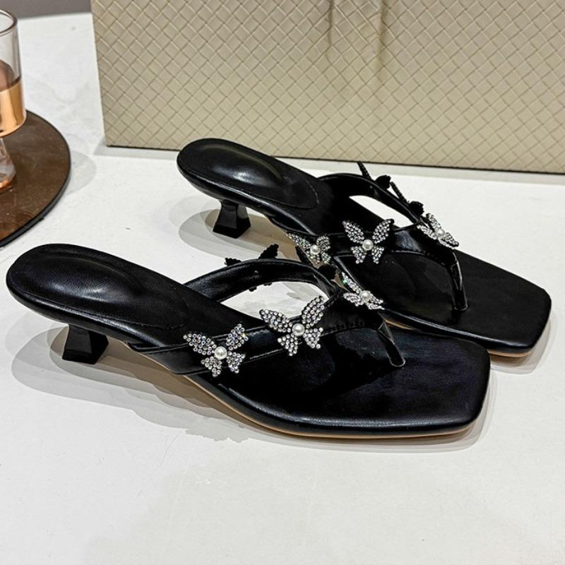 Fashion Summer Fashion Sequin Stiletto Sandals Women's Outside Square Toe Shallow Mouth Soft Sole Flip Flops Versatile Plus Size