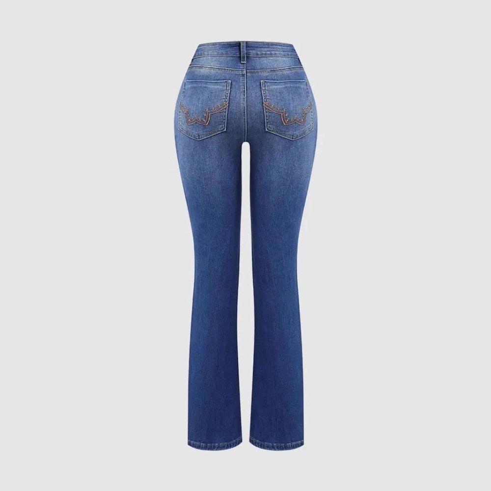 Damskie Jeansy z Wysokim Stanem, Dopasowane, Haftowane, z Nitem, Lekko Rozszerzane od Kolana W dół, Średnio Elastyczne, Styl Westernowy, Bootcut