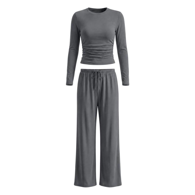 Womens Solid Color Casual Long Sleeve Top Pants Set Streetwear