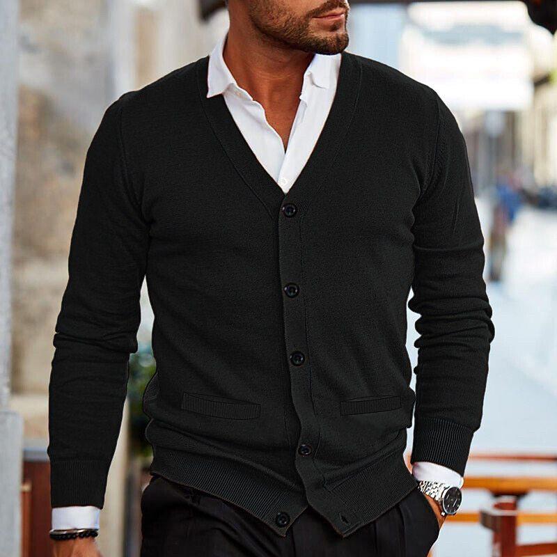 Men's Fall and Winter Long-sleeved V-neck Knit Shirt Youth Double Side Pockets Slim Daily Cardigan