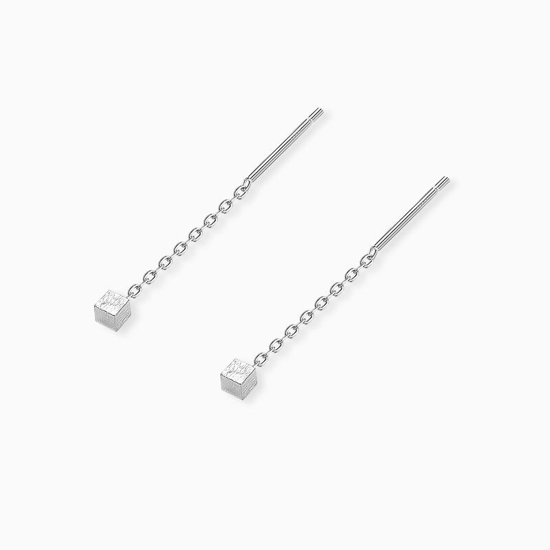 S999 Pure Silver Geometric Square Thread Earrings for Women – Sleep-Friendly and Trendy