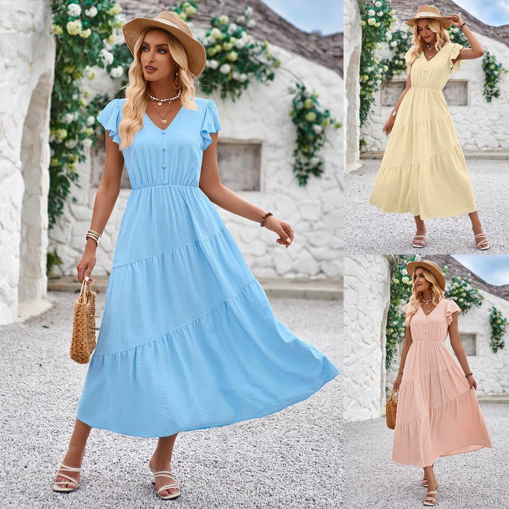 Kvinners vår ensfarget V-hals kort lotusbladerm slank kjole sommer casual A-linje høy midje lagdelte lange kjoler S-XL