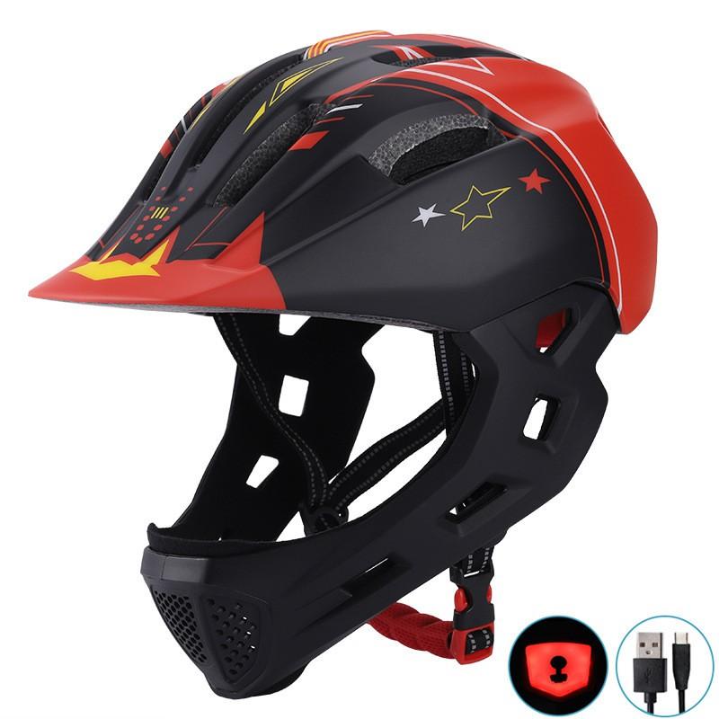 Kids Mountain Bike Helmet With USB Port Full Coverage Safety Balance Scooter Skateboard Cycling Star Black-Red