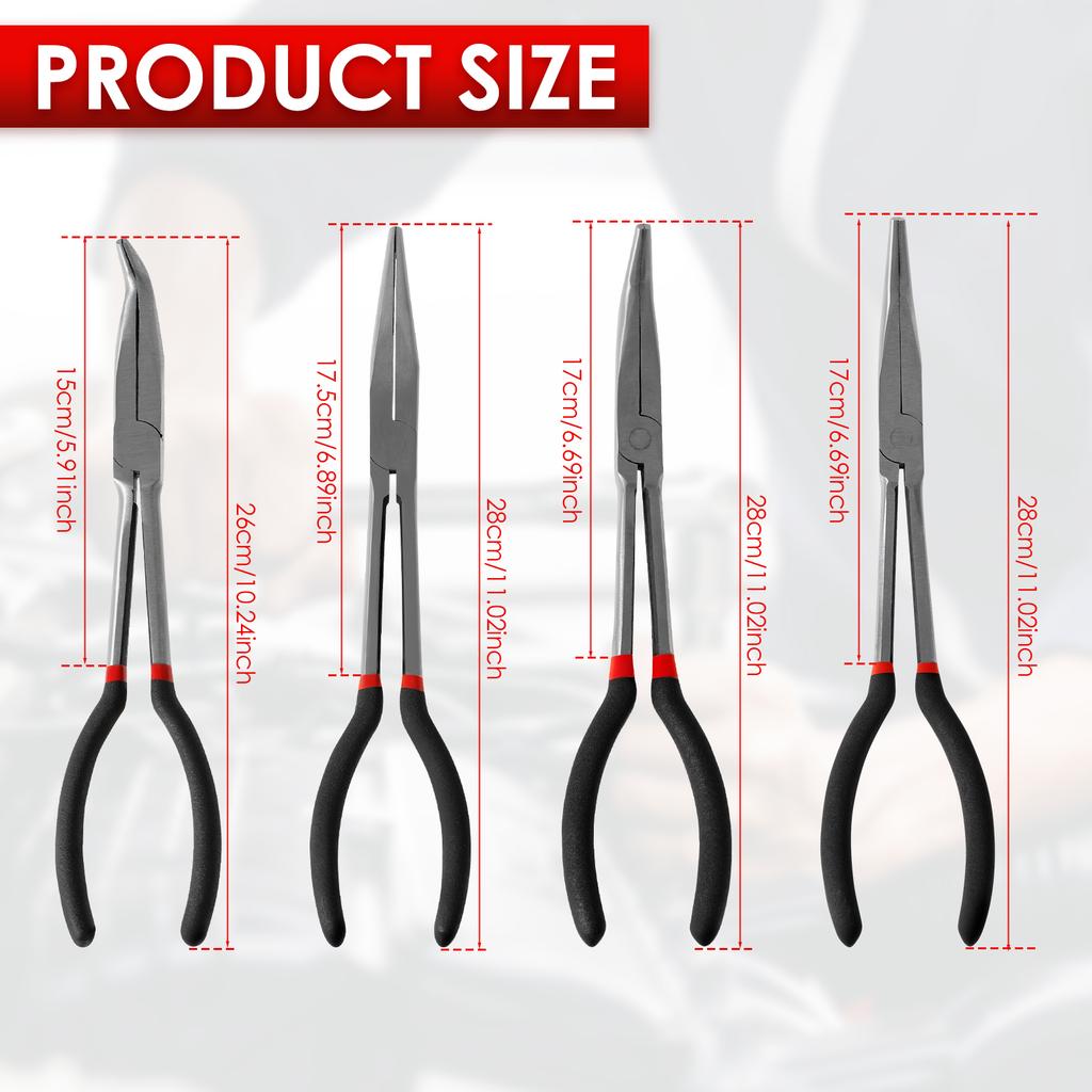 1/4Pcs Needle Nose Pliers Set 11 Inch Carbon Steel Long Nose Pliers Set with Nonslip Handle for Narrow Space Mechanic Car Repair