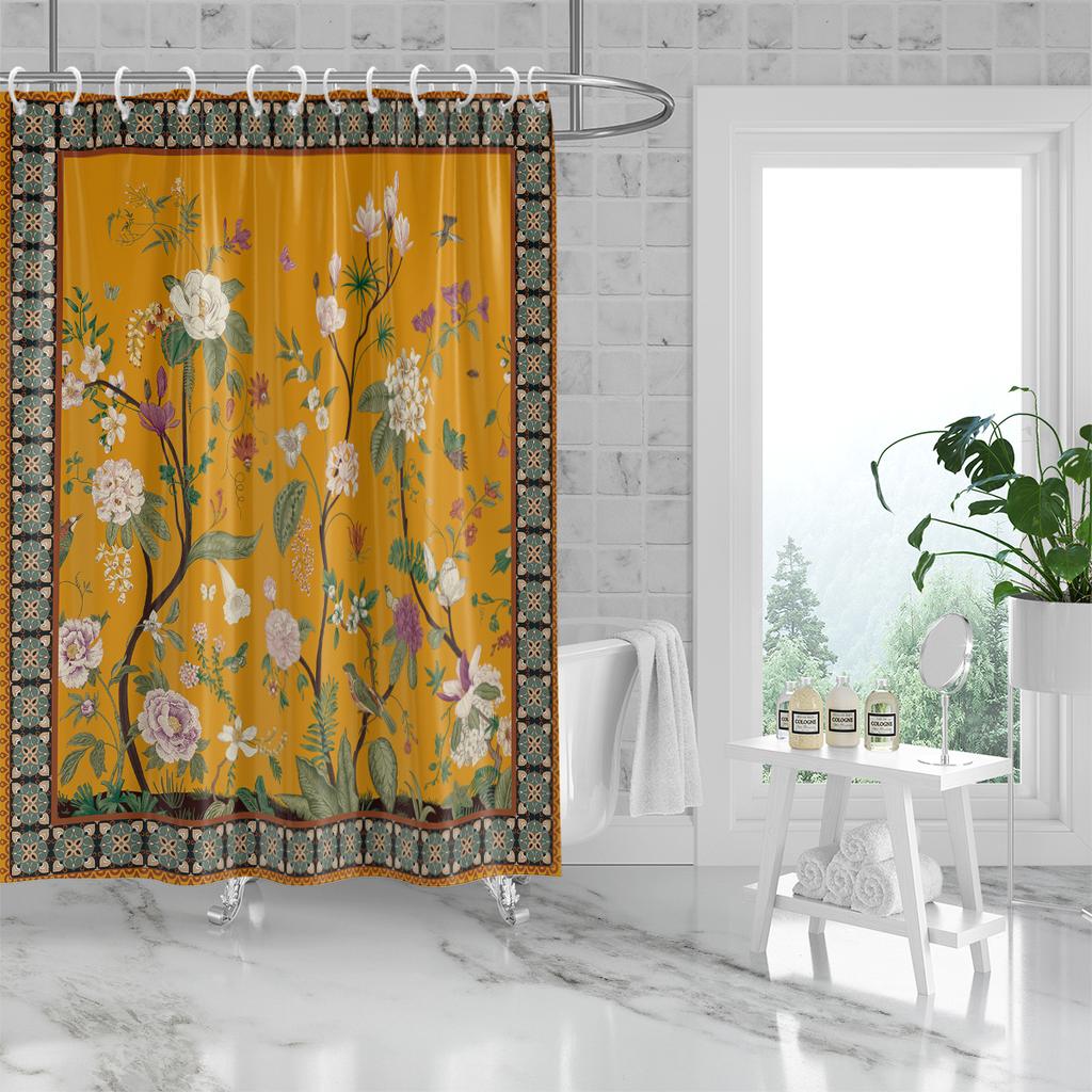 1 bucată perdea de duș despărțitoare 180x180cm galben model floral retro imprimat, baie impermeabilă și rezistentă la mucegai