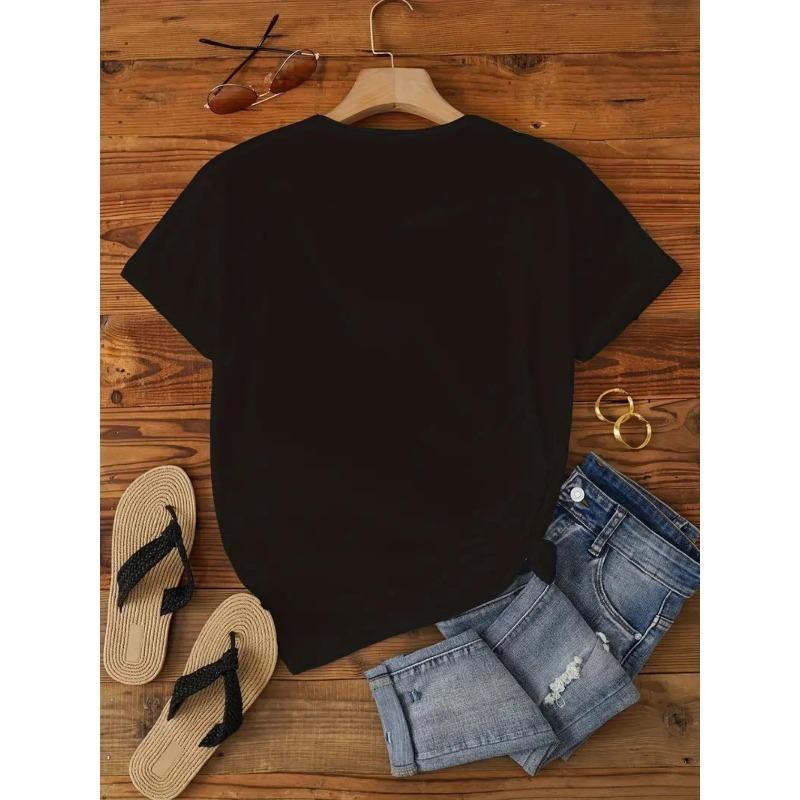 Women's Creative Print T-shirt, Round Neck, Short Sleeves, Casual Fashion, Loose Fit, Elegant Vintage Top