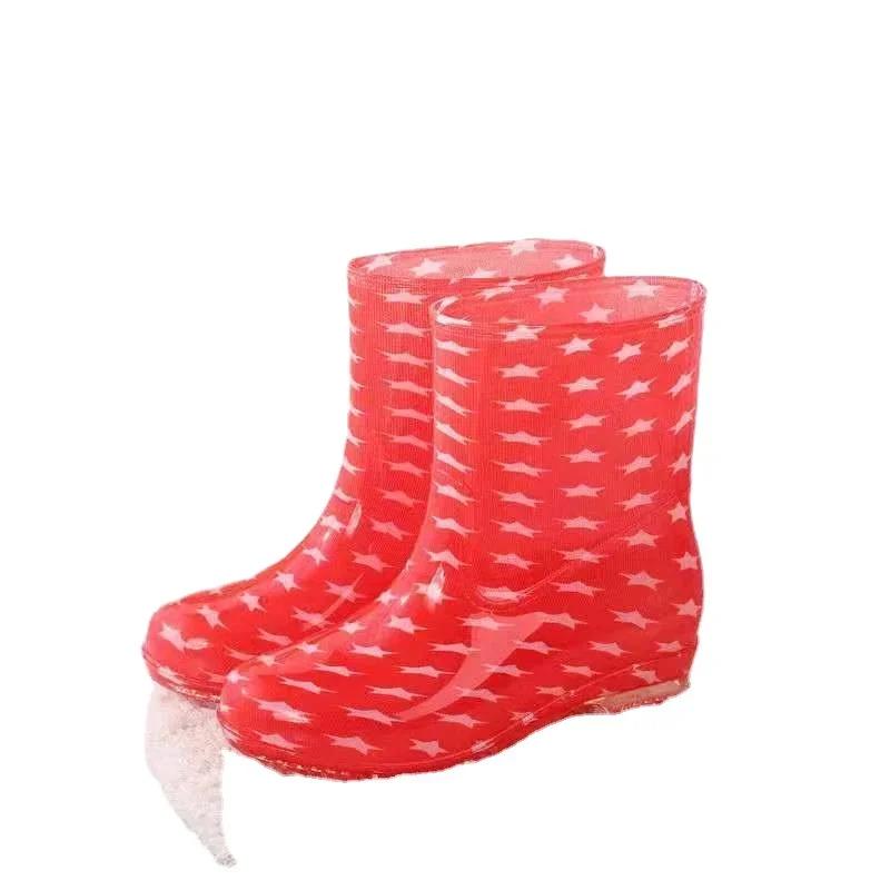 Fashion Print Rain Boots Women Waterproof Work Shoes for Girls Non Slip Anti Skip PVC Water Shoes Rainboots Mid-Calf Botas 2024