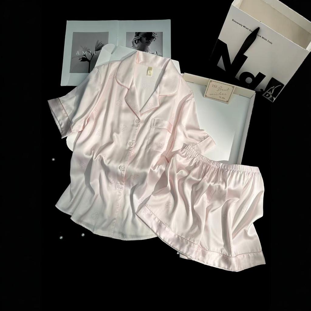 Summer and Autumn Ice Silk Pink Satin Short Sleeve Shorts Pajamas Fresh Women's Loungewear Simple Fashion Printed